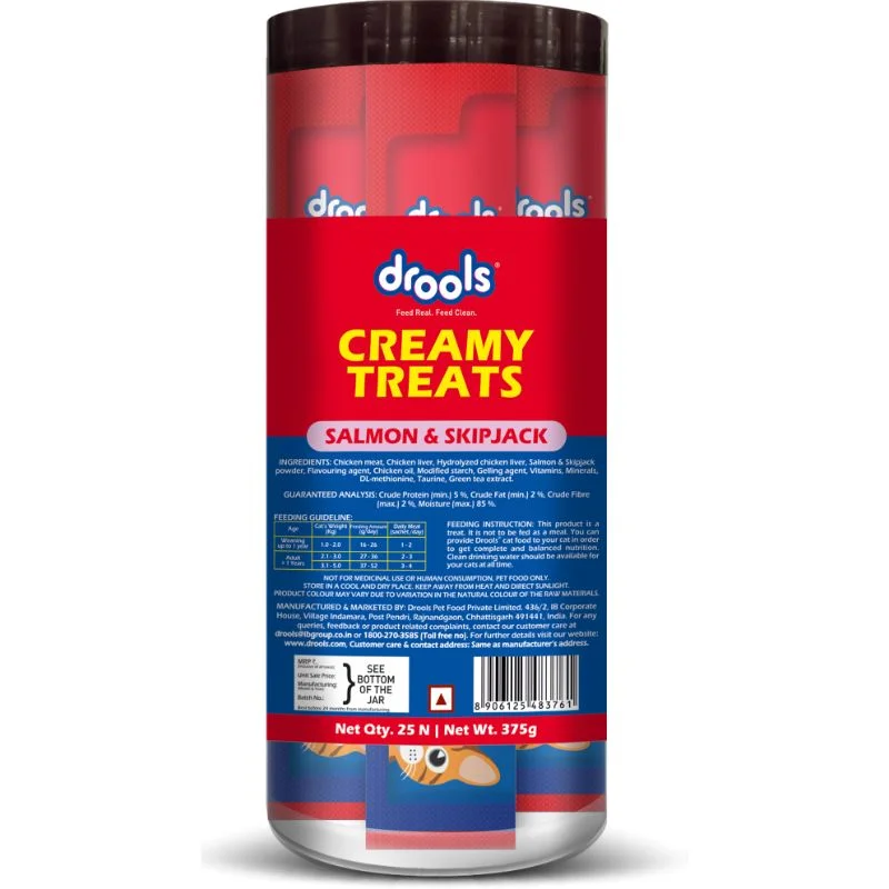 . **Brand-Related** Drools Cat Creamy Treats, Salmon & Skipjack , 375 gm ( Pack of 25) . **Brand-Related** Drools Cat Creamy Treats, Salmon & Skipjack , 375 gm ( Pack of 25)