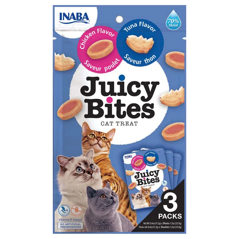    - Indoor cat food  Churu Cat Treats Juicy Bites - Chicken and Tuna (3 sticks x 11g)