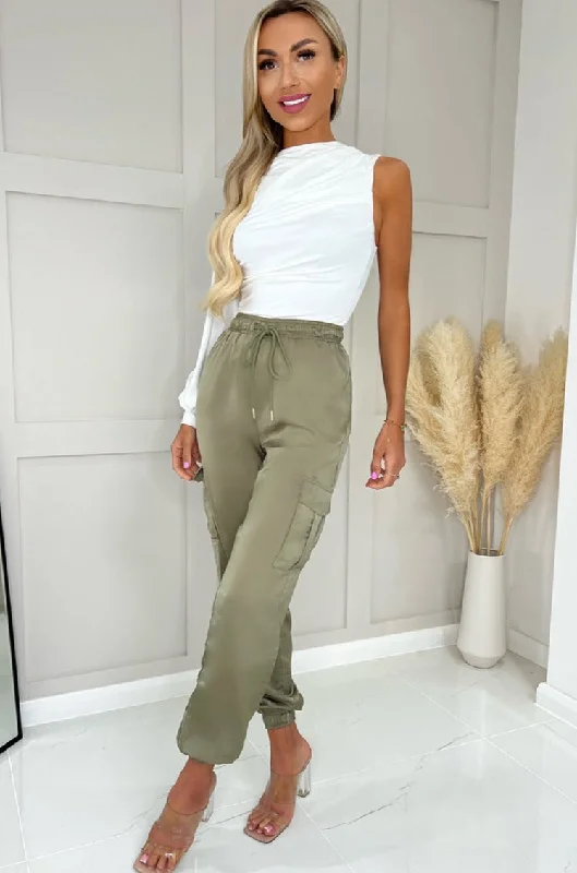 AX Paris Tasmin Khaki Satin Cargo Trousers