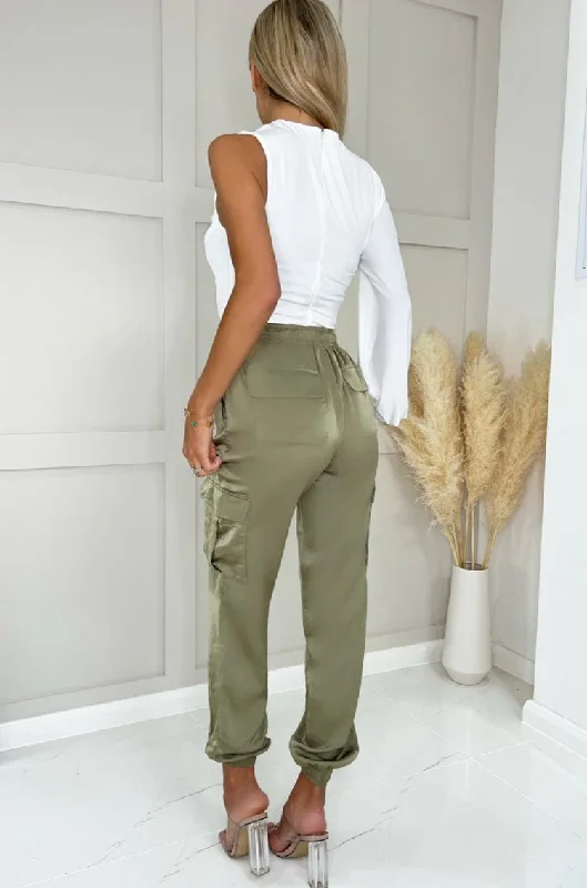 AX Paris Tasmin Khaki Satin Cargo Trousers