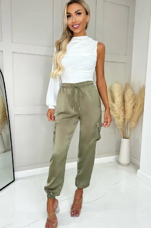 AX Paris Tasmin Khaki Satin Cargo Trousers