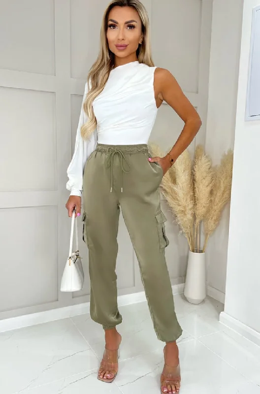 AX Paris Tasmin Khaki Satin Cargo Trousers