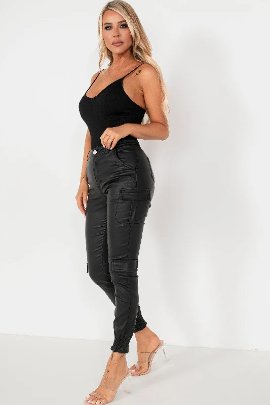 Kamryn Black Faux Leather Cargo Trousers