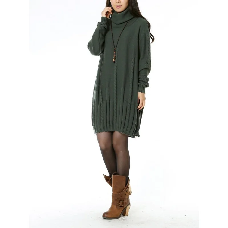 Blackish green sweater dresses turtle neck Plus size