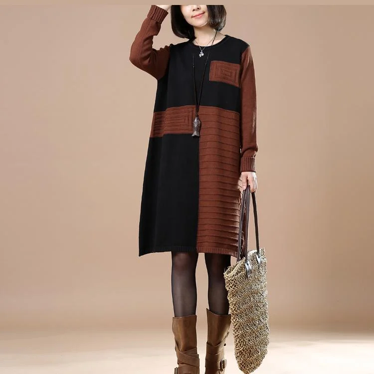 Brick red blocks women sweaters oversized dress