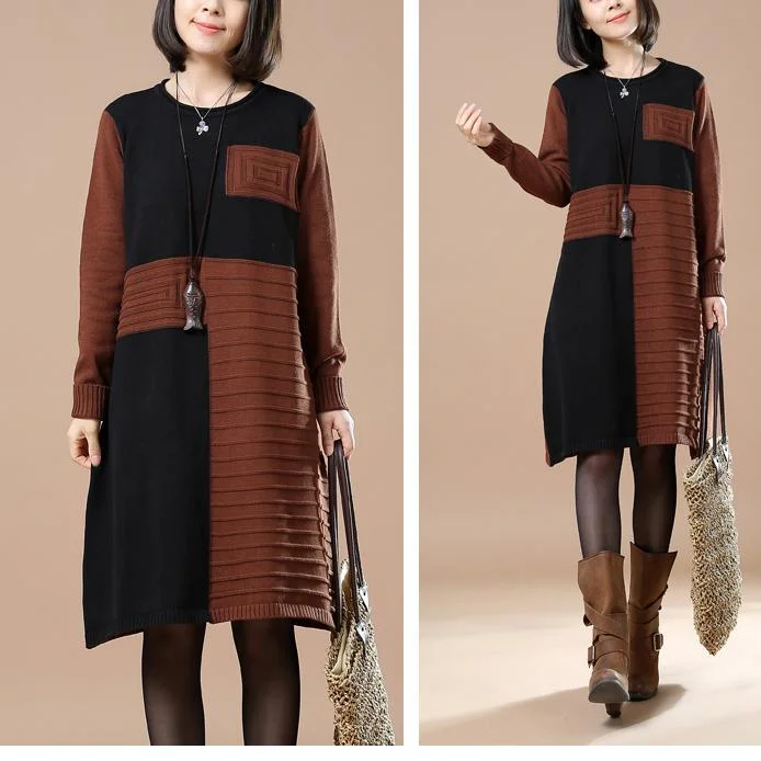 Brick red blocks women sweaters oversized dress