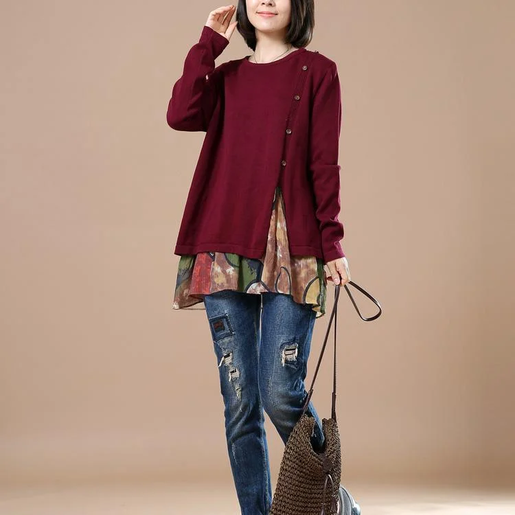 Burgundy layered sweaters oversize knit tops