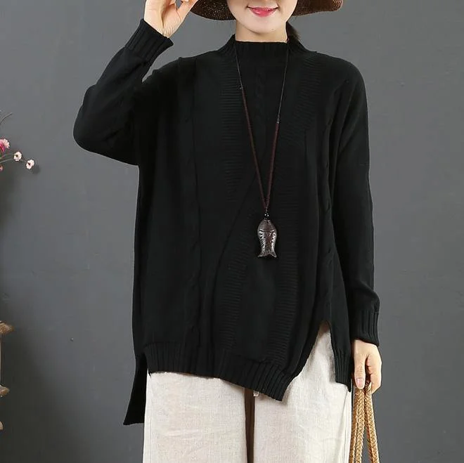 Chunky black knitted t shirt asymmetric hem plus size half high neck sweaters