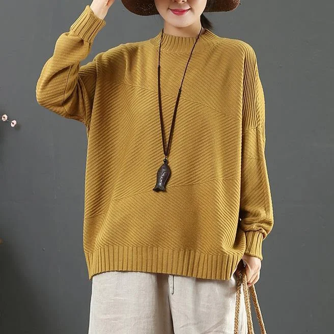 Comfy yellow sweater tops winter casual half high neck knit sweat tops