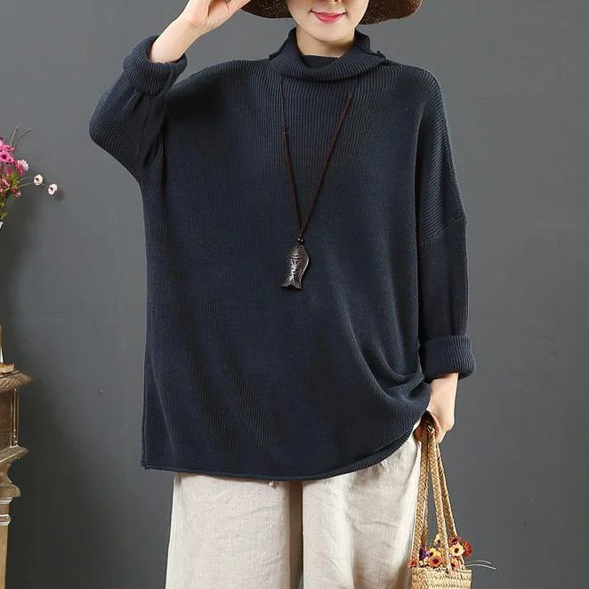 Cute gray blue knit blouse loose oversized high neck sweaters