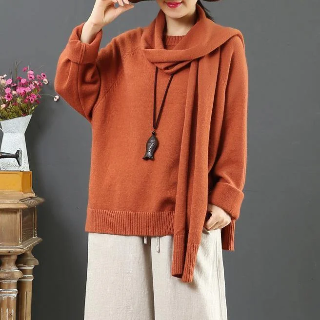 Fashion orange Sweater Blouse With scarf plus size o neck knitwear