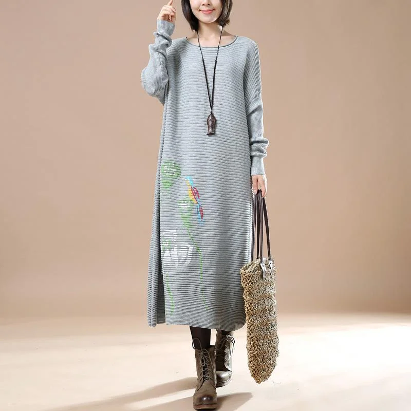 Gray long knit sweaters dress plus size