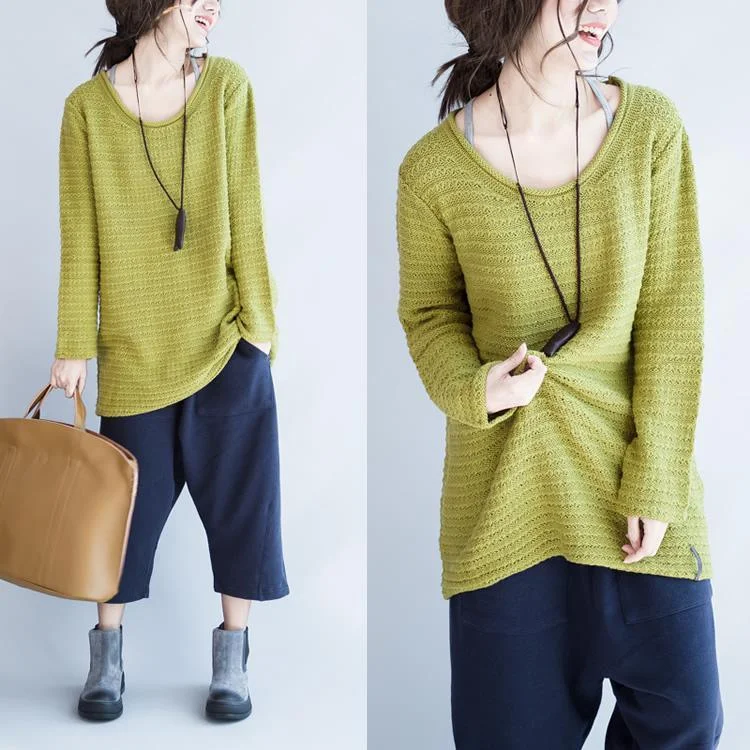 Green cotton knit sweaters oversized cozy sweater top long sleeve cotton knitwear