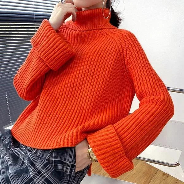 New Fashion Knitting Sweater Women Casual Loose Turtleneck Collar Pullover Simplicity Solid Color All-match Top