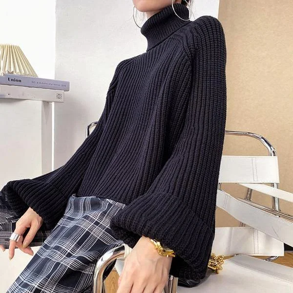 New Fashion Knitting Sweater Women Casual Loose Turtleneck Collar Pullover Simplicity Solid Color All-match Top