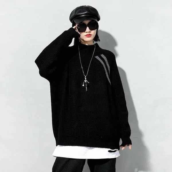 New Knitting Sweater Fashion Irregular Contrast Color Turtleneck Collar Loose Pullover Women Casual Sweater