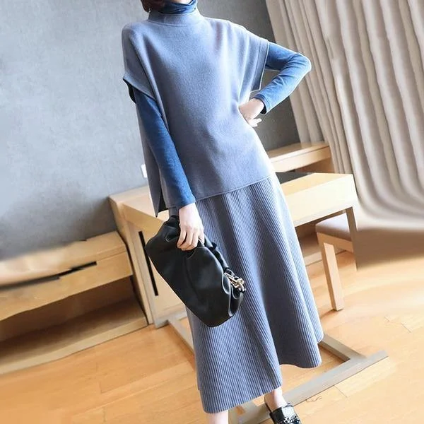 New Style Side Split Turtleneck Collar Sleeveless Pullover Loose Solid Color Slim