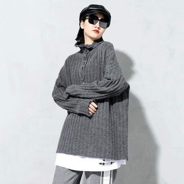 Spring New Knitting Pullover Sweater Fashion Splicing Turtleneck Collar Solid Color Casual Women Loose All-match