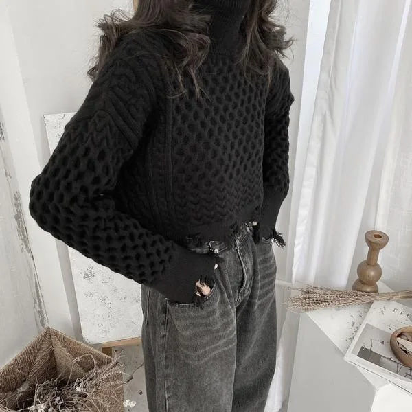 Spring New Sweater Knitting Splicing Broken Edge Tassel Women Casual Fashion Turtleneck Collar Solid Color