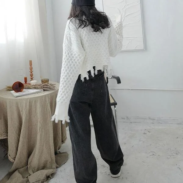 Spring New Sweater Knitting Splicing Broken Edge Tassel Women Casual Fashion Turtleneck Collar Solid Color