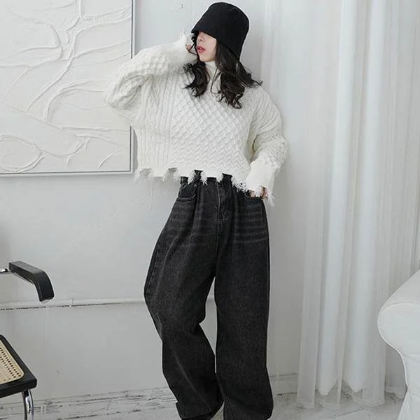 Spring New Sweater Knitting Splicing Broken Edge Tassel Women Casual Fashion Turtleneck Collar Solid Color