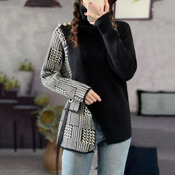 Vintage Patchwork Plaid Sweater Women  New Style Turtleneck Collar Long Sleeve Split Loose