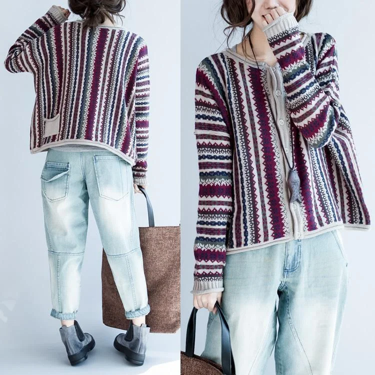 Vintage striped chunky print knit sweaters short knits womens winter woolen sweater