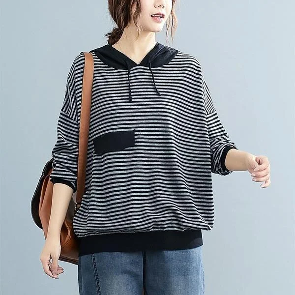 Vintage Striped Loose Comfortable Ladies Hooded Sweatshirt