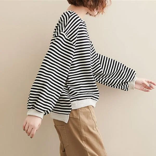 Women Autumn Long Sleeve Cotton Sweatshirt  Striped Female Loose Casual Pullovers Hoodies