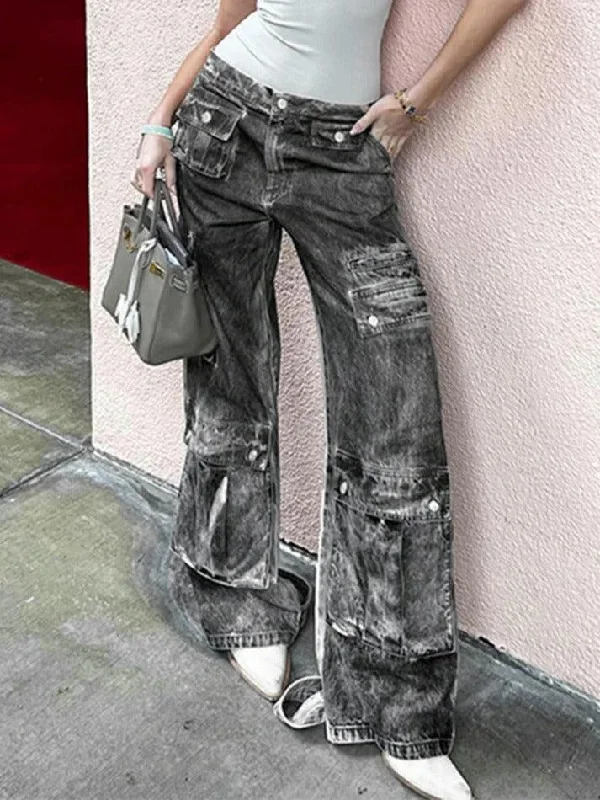 Distressed Multi Pocket Low Rise Cargo Jeans